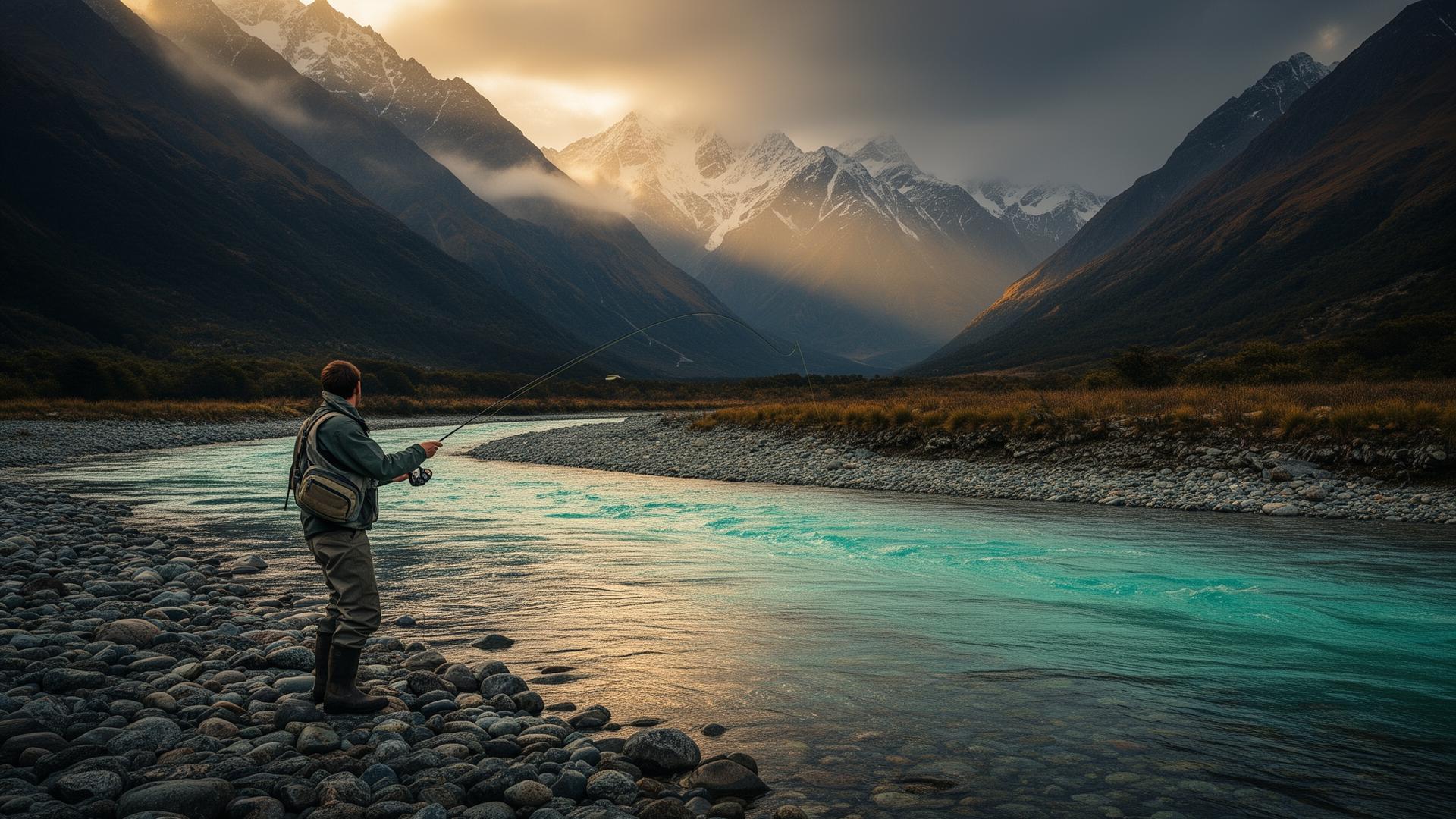 Fly fisherman casting in a Queenstown backcountry river at sunrise