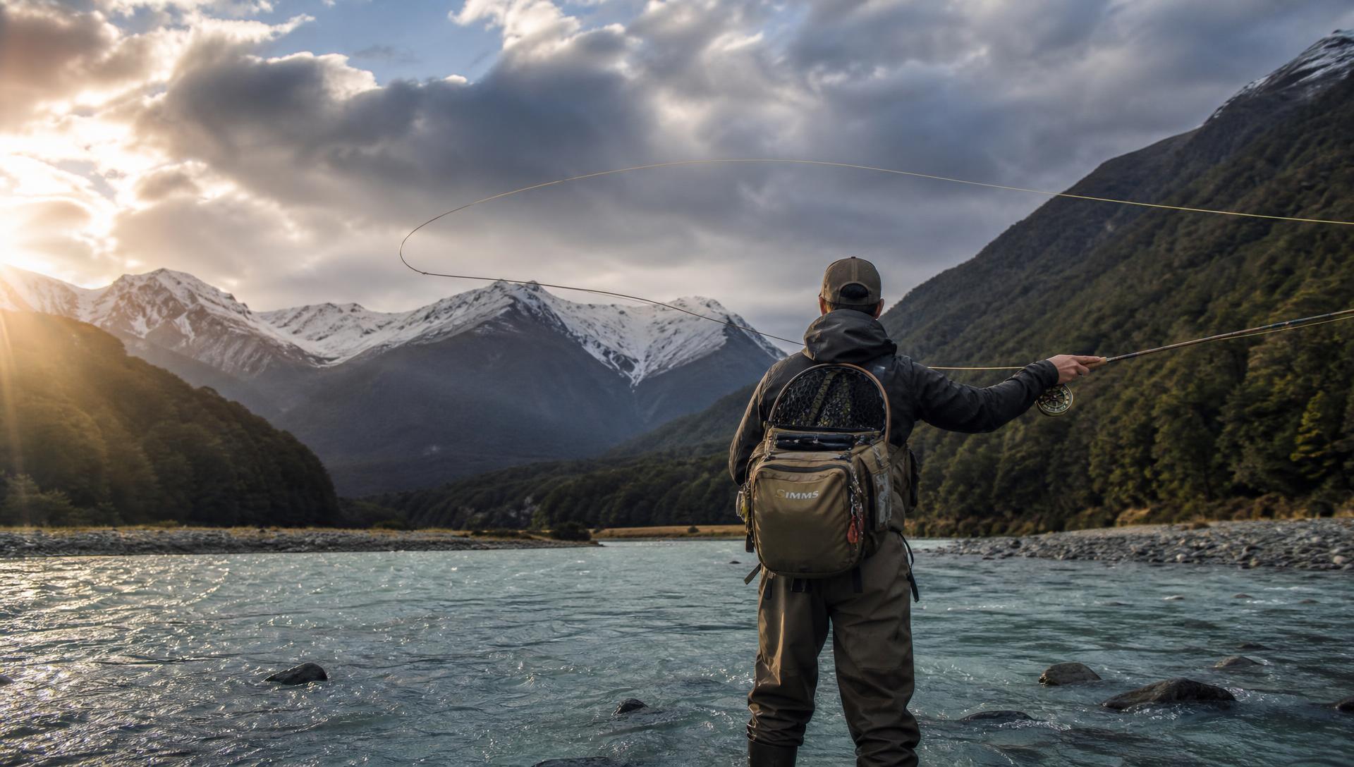 Fly fisherman casting in a Queenstown backcountry river at sunrise